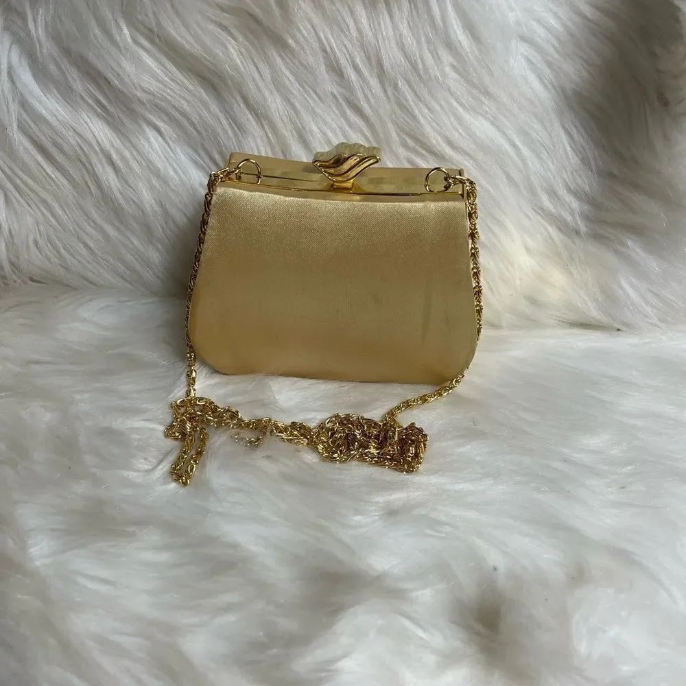 Jessica Mc Clintock gold satin evening clutch with gold tone strap